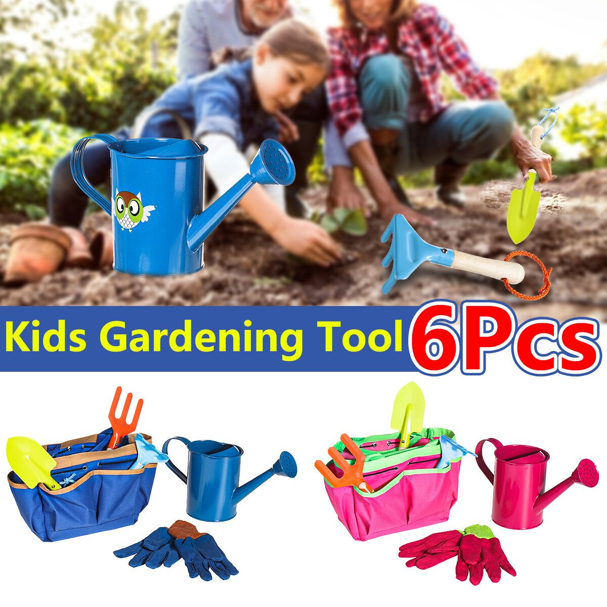 6Pcs Kids Gardening Tools Children Shovel Spade Fork Set Watering Can Tote Bag Garden Yard Blue