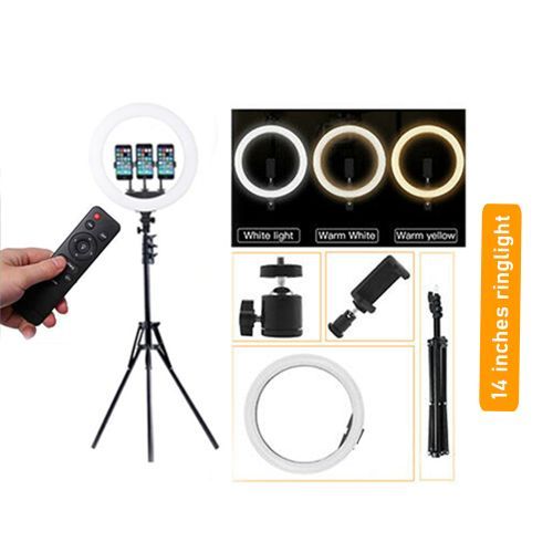 14 Inches Ring Light With Tripod Stand + Remote Control + 3 Phone Holder