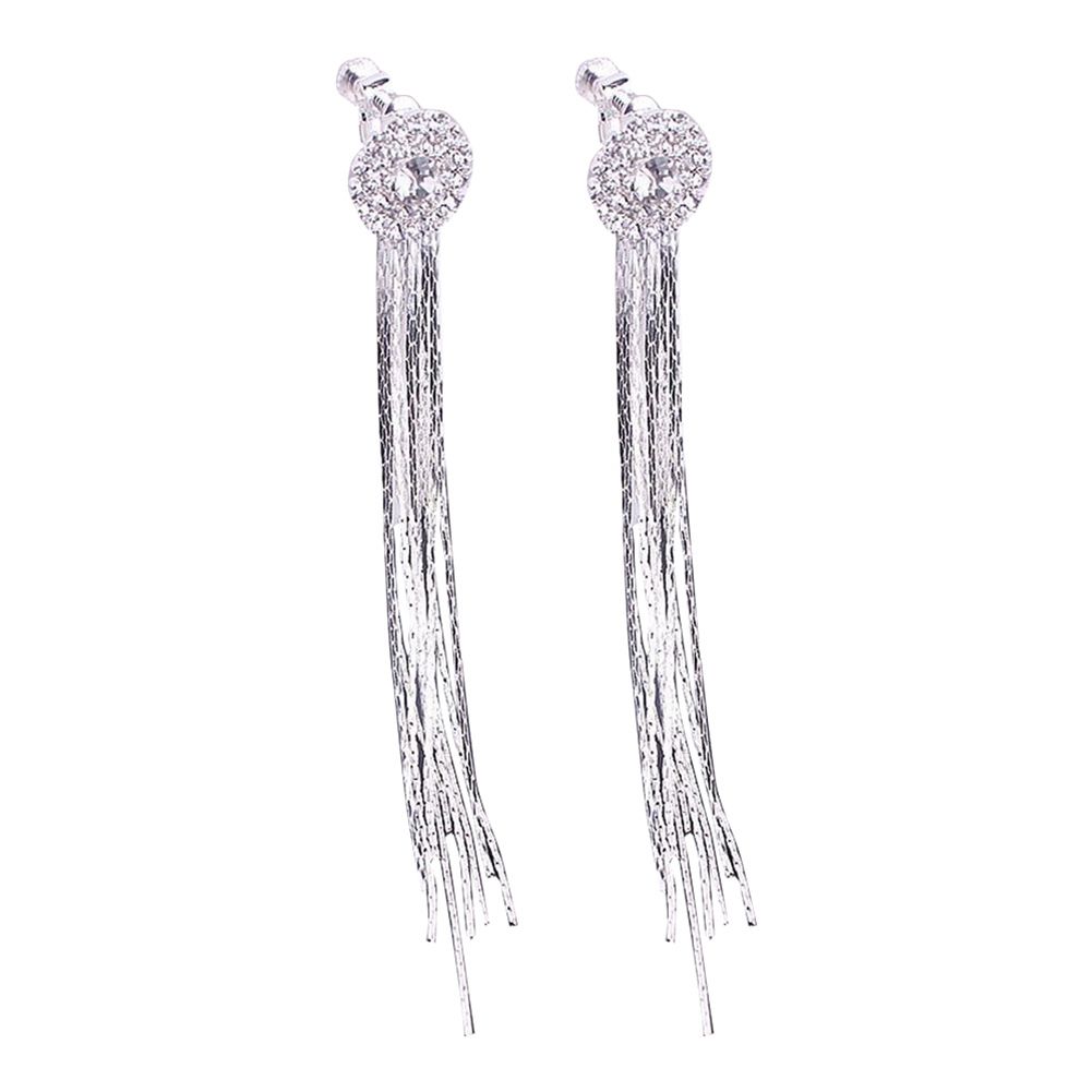 Women Shiny Rhinestone Long Tassel Dangle Stud Earrings Fashion Bride Jewelry-Silver