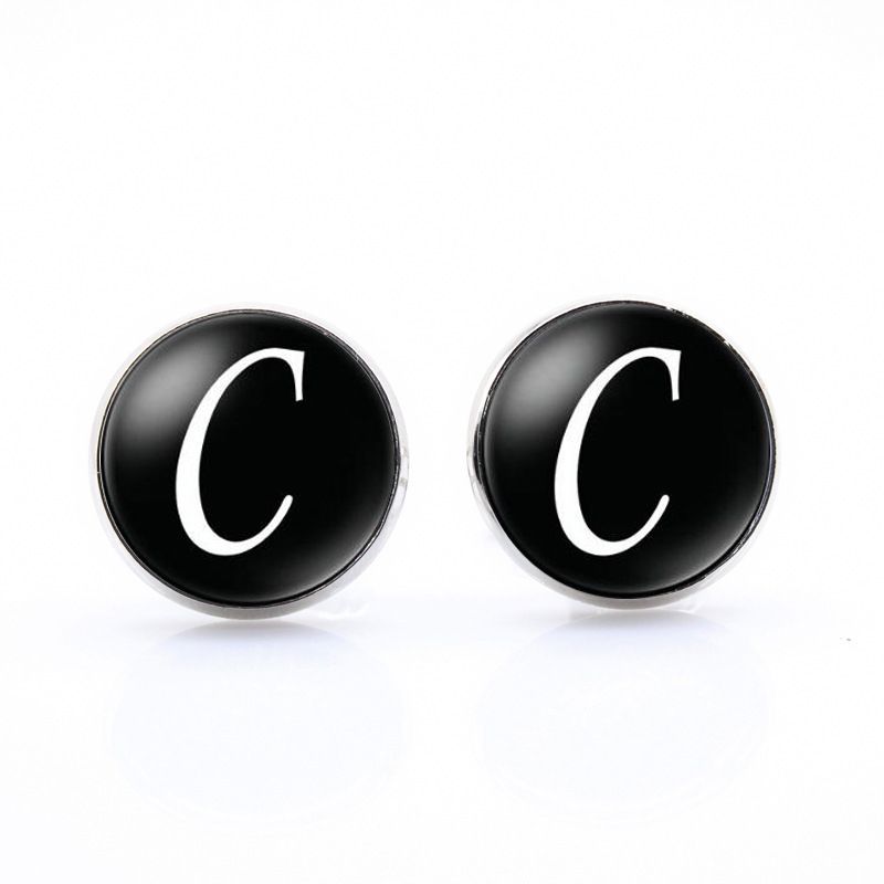 Initials Cufflinks Letter C Shirt Accessories - Black Silver