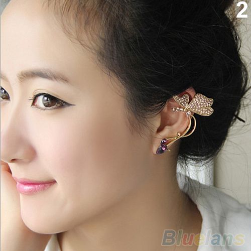1Pc Elegant Women Crystal Ear Clip Butterfly Earring Stud For Left Ear-Golden