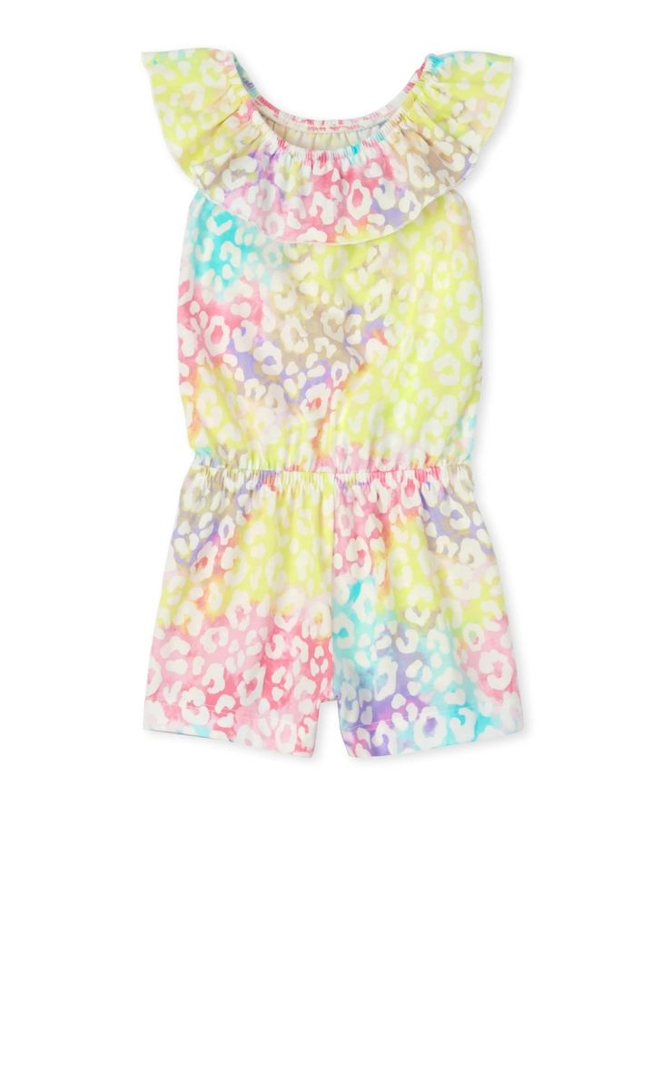 Girls Rainbow Leopard Ruffle Romper - Pink
