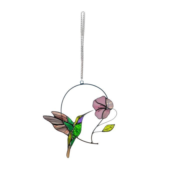 Stained Glass Window Panel Birds And Flower Colorful Hanging
