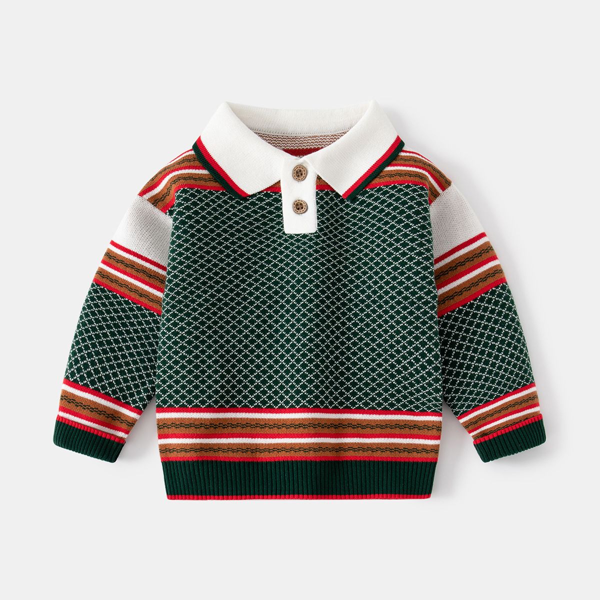 100% Cotton Kids Pullover Turn Down Collar Long Sleeve Boys Sweaters-Green