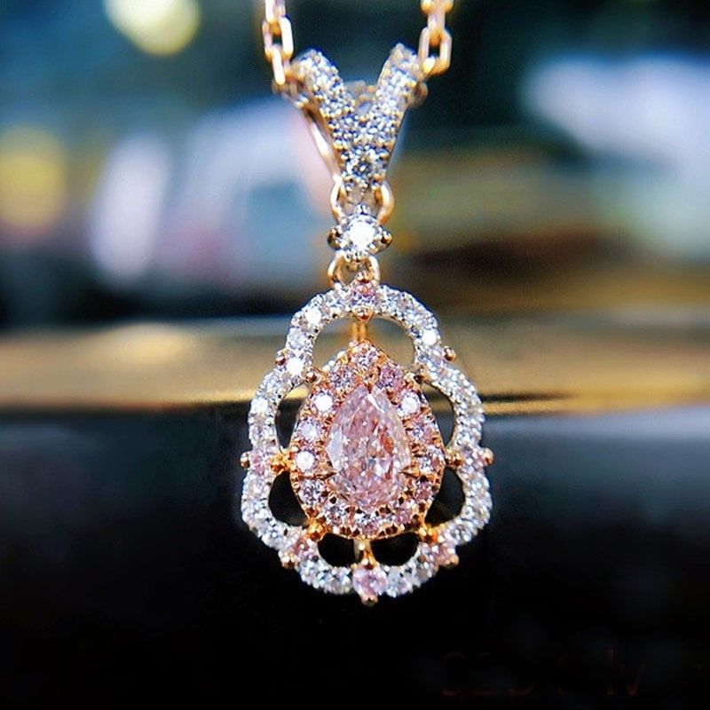 Diamond Shiny Pink Necklace Jewelry Water Drop Pear Shape Elegant Lady P