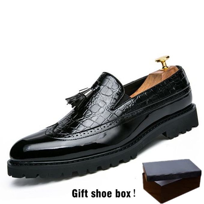 Male Formal Shoes Glossy Tassel Brogue Leather Shoes-Black