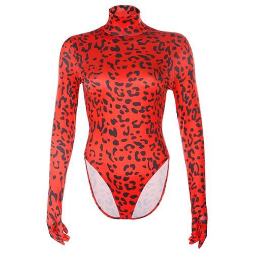 Leopard Print Jumpsuits Crop Tops Long Sleeve Basic Tshirt With Gloves Autumn Winter Turtleneck Slim T Shirts