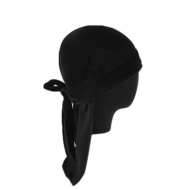 (Black)Unisex Velvet Durag Long Tail And Wide Straps Waves For Men Solid Wide Doo Rag Bonnet C XXA