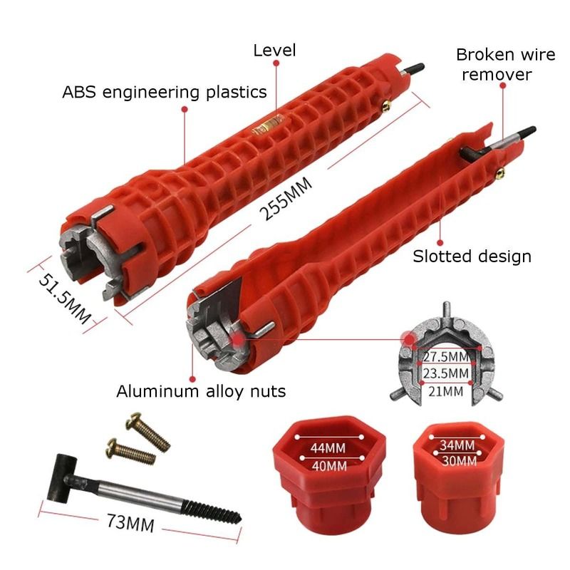 (Red)8 In 1 Basin Flume Wrench Faucet Sink Key Plumbing Tool Repair Hand Tool For Toilet Bowl Bathroom Kitchen Plumbing Removal