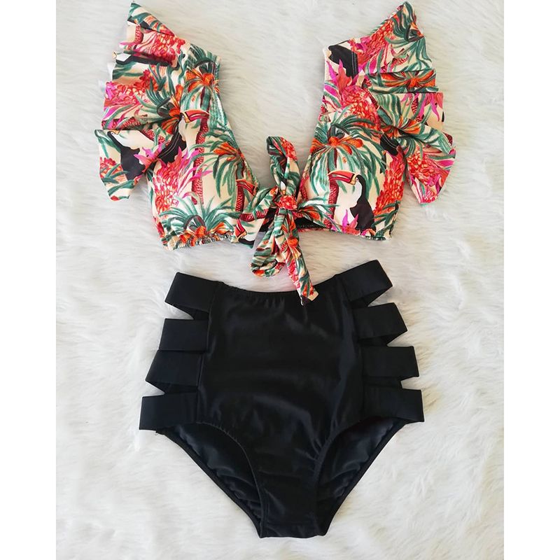 Bikinis Double Shoulder Ruffle Bikini Set High Waist Swimwear Women Swimsuit V-Neck Bathing Suit Beach Wear Swim NA19508D1 KIP