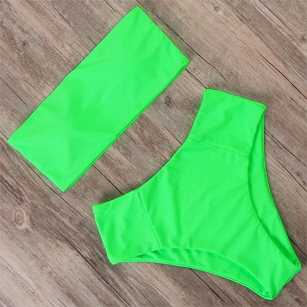 High Waisted Neon Bikini Woman Bandeau Bathing Suit Mayo Push Up Swimwear Tube Top Two Piece Swimsuit For Women B1663GR KIP