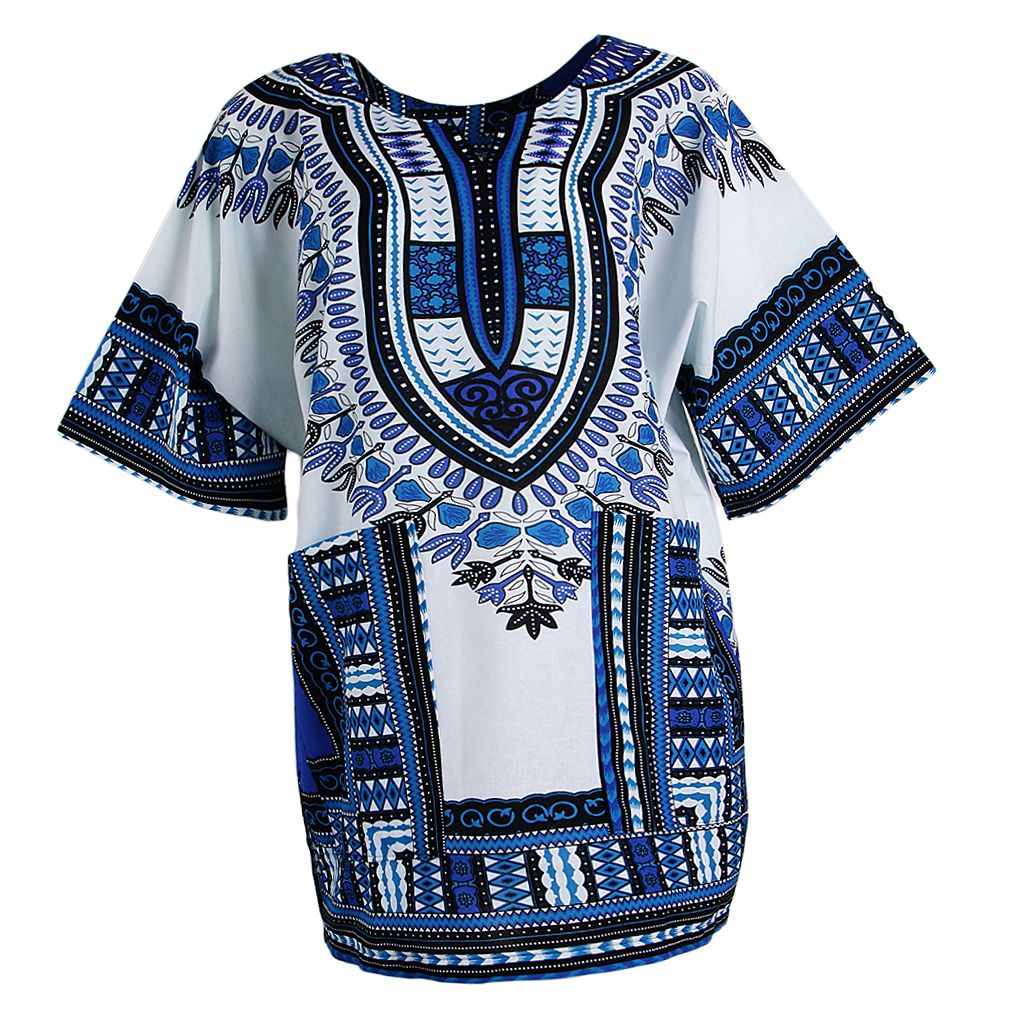 Dashiki Colorful African Hippie Tribal Dress Shirt Kaftan Poncho Blue