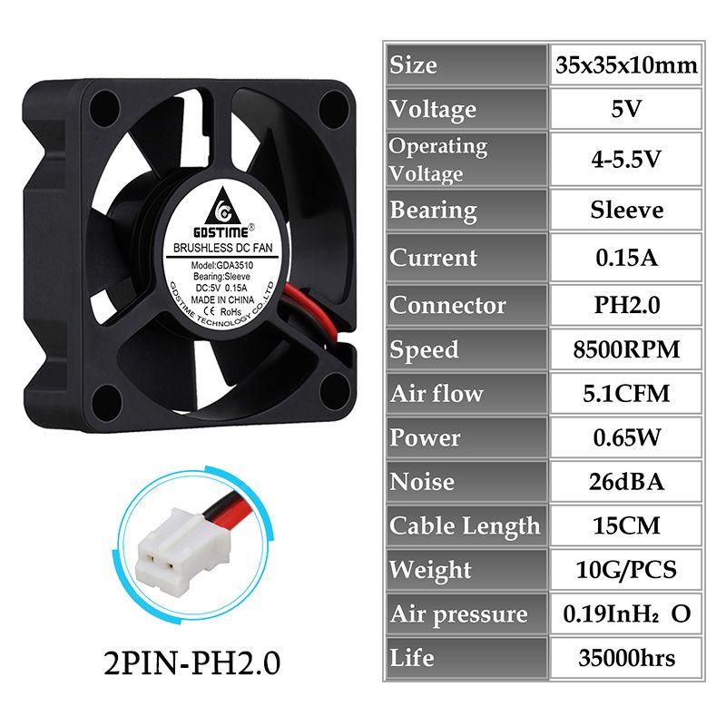 Gdstime 2 Pieces 35x35x10mm 35mm 3510 Brushless DC Cooling Cooler Fan 35mmx35mmx10mm 3.5cm Axial Mini Radiator Fan 5V Sleeve PH2.0