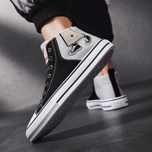 Men's Fashion High-top Sneakers Canvas Shoes EUR Size 35-44 Nopersonality Graffiti Student Shoes Unisex Simple Printing Walking Shoes Couple All-match Sunshine Wear-Resistant Trekking Footwear Black