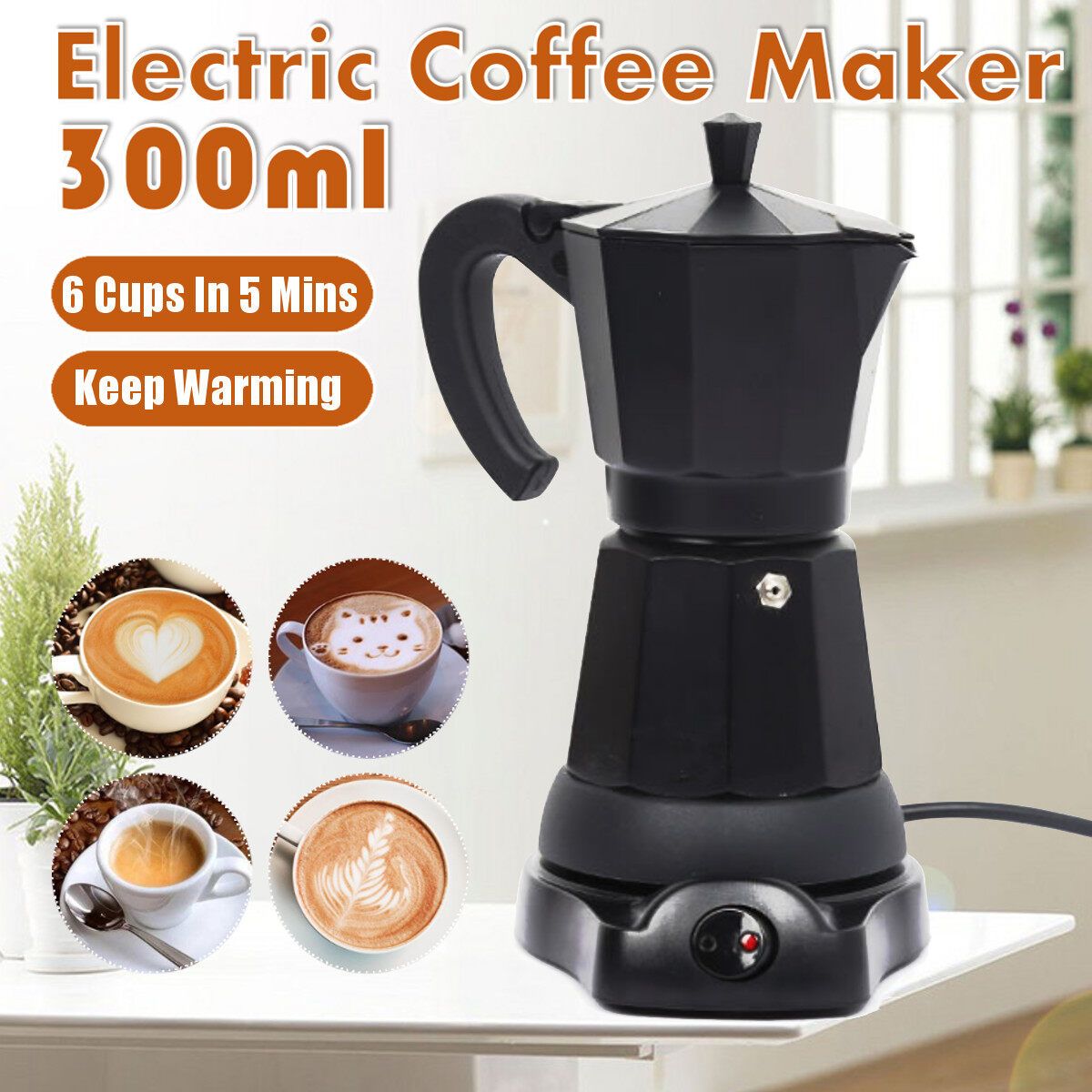 300ml Portable Aluminum Electric Coffee Maker Mocha Espresso Coffee Pot Machine 6 Cups 300ml