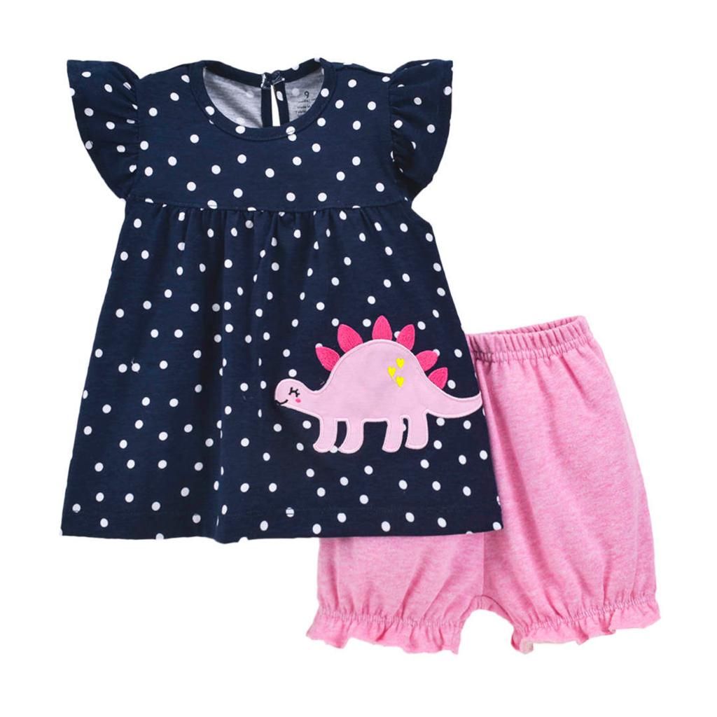 Baby Girl Navy Blue With White Dots Top And Pink Short 2 Piece