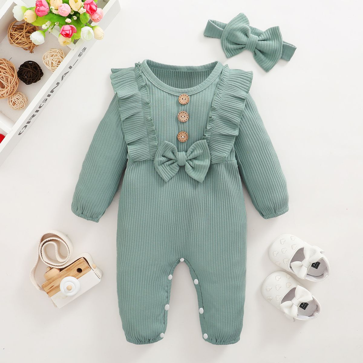 Baby Girls Sold Color Ribbed Long Sleeve Jumpsuit -Green