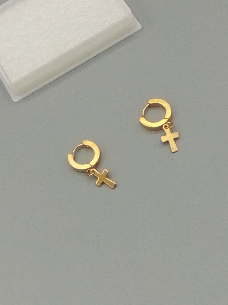 Men Stainless Steel Gold Dangle Cross Ear Stud Hoop