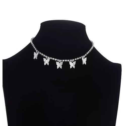 Rhinestone Iced Out Tennis Butterfly Choker- Silver