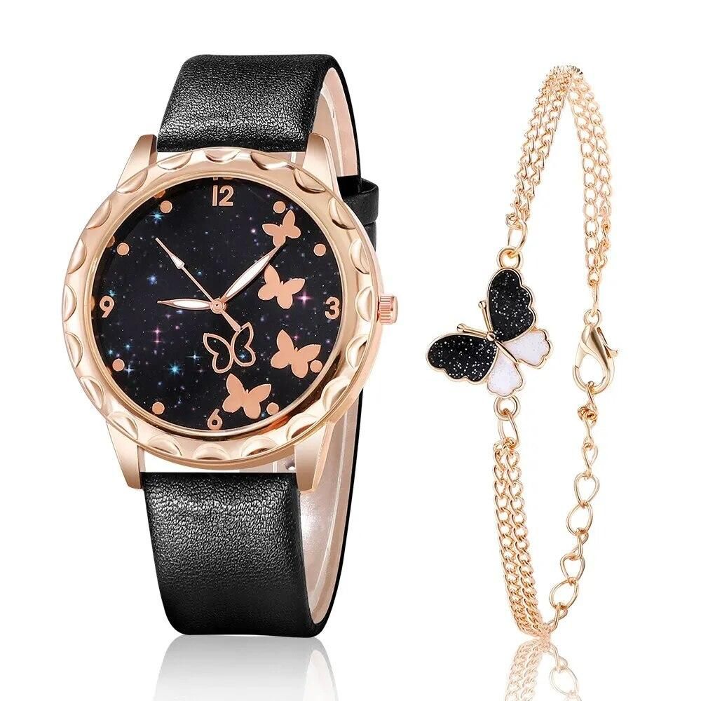 2pcs Set Watch Women Fashion Starry Sky Butterfly Quartz Wristwatches Leather Belt Ladies Watches Reloj Mujer