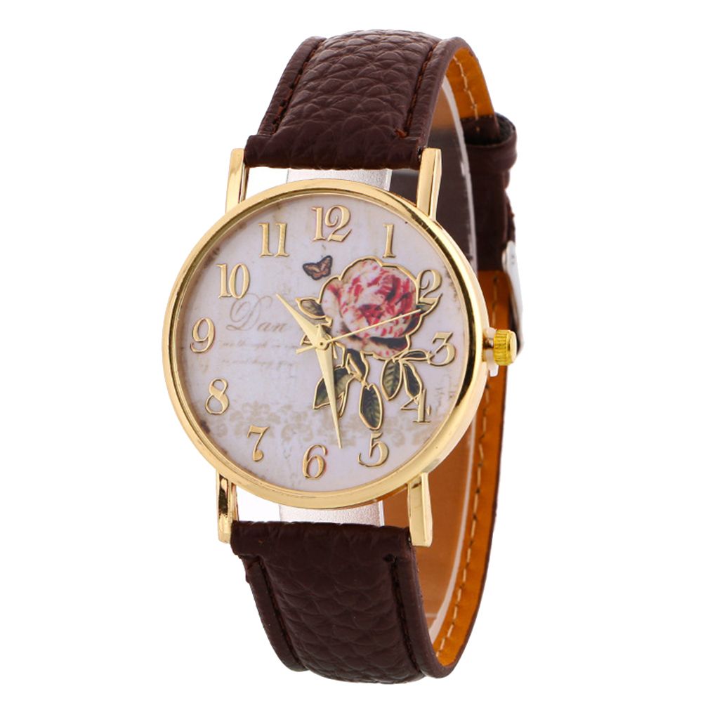 Women Arabic Number Rose Flower Round Dial Faux-Brown