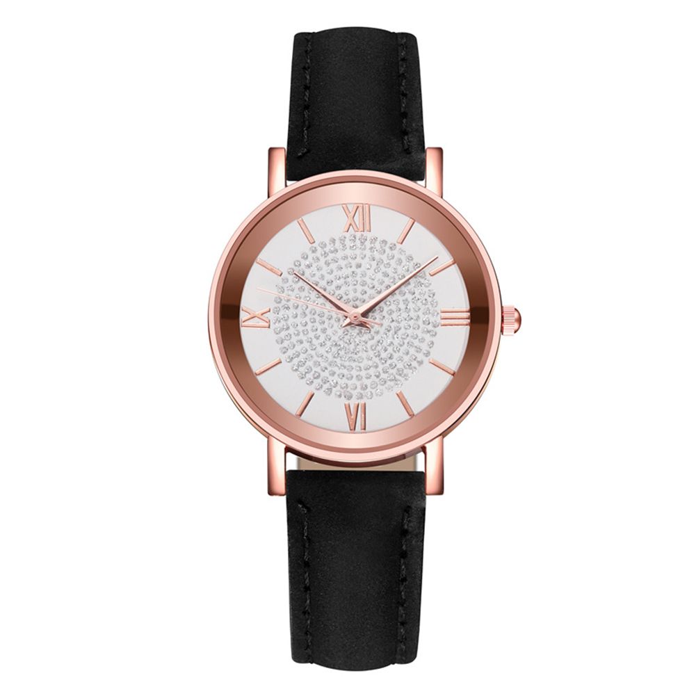 Women Fashion Rhinestones Inlaid Round-Rose Gold Black Band