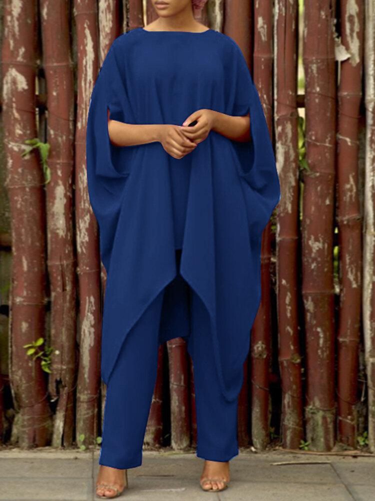 Solid Loose Irregular Elastic Waist Batting Sleeve Two Pieces Set