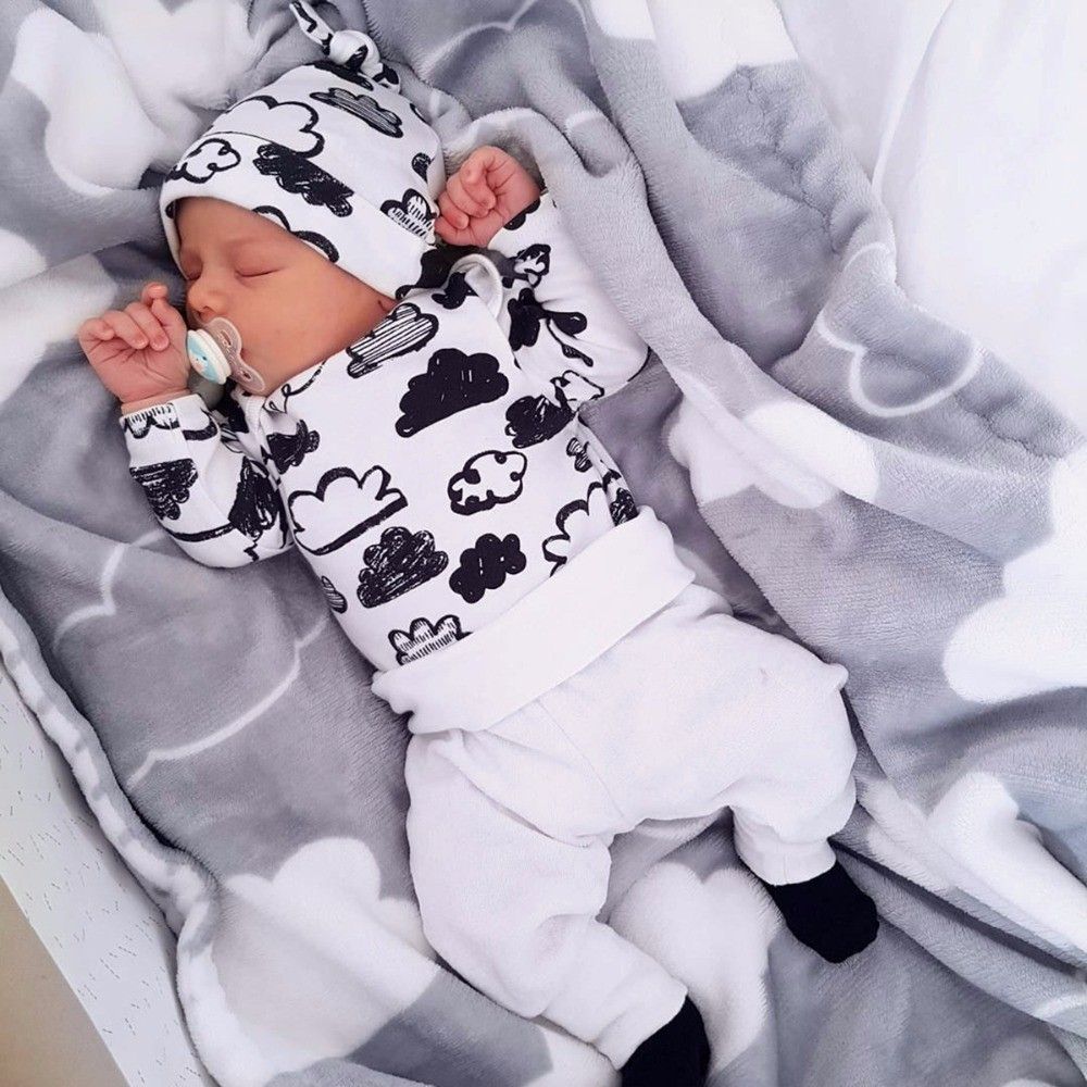 Newborn Baby Boys Outfits Cute Clouds Printng Long Sleeve Shirt + Pants + Hat