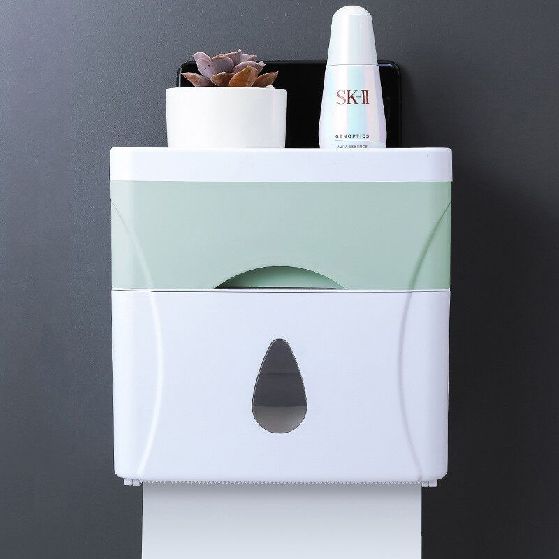 Waterproof Bathroom Toilet Paper Towel Holder Wall Mount Toilet Paper Holder With Storage Shelf Rack Paper Storage Box Green