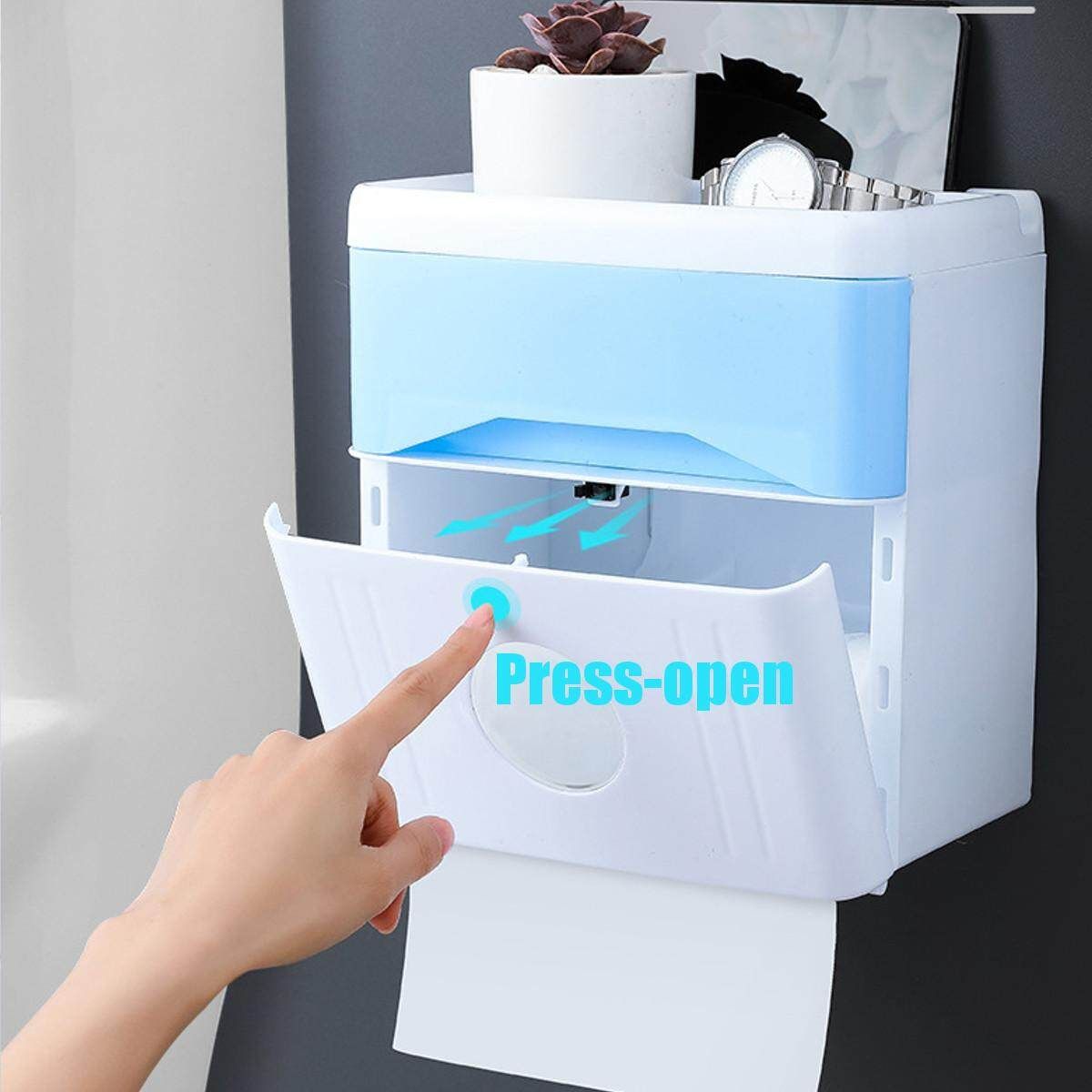 Wall-mounted Toilet Tissue Paper Box Press-open Waterproof Case With Drawers & Shelves Bathroom Blue