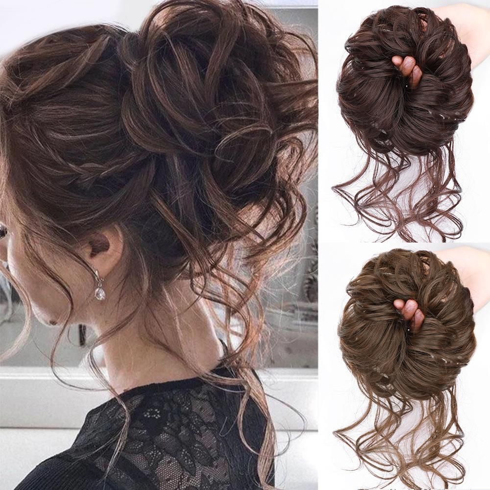 Wig meatball head female summer lazy long beard dragon beard hair circle fluffy hair bag back head real hair cocktail hair circle headdress Real hair dragon beard and hair band - light brown
