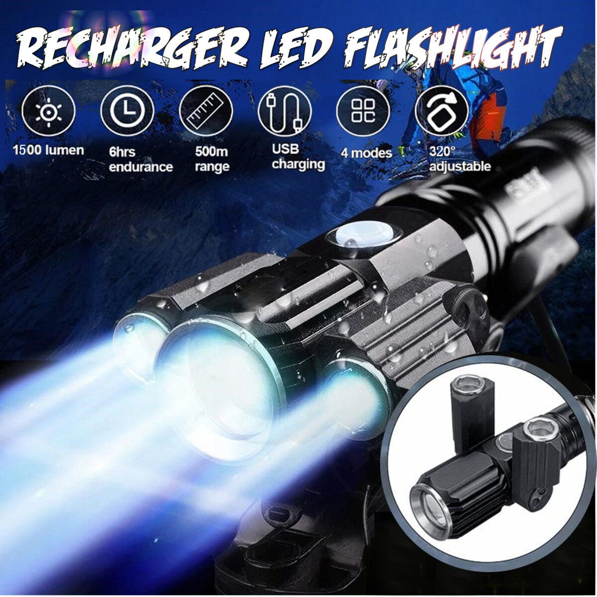 Multi-function USB Glare LED Three-head Flashlight Outdoor Waterproof Riding Direct Charger Black Rotary Zoom