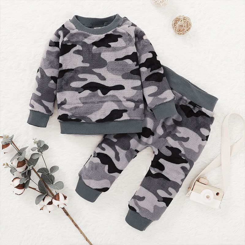1-4Y Kid Boys Winter Warm Long Sleeves Fleece Clothes Set -Grey Camou