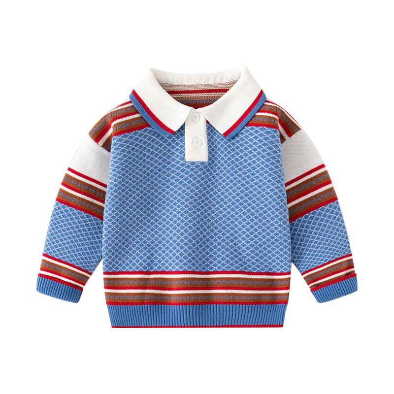 100% Cotton Kids Pullover Turn Down Collar Long Sleeve Boys Sweaters-Blue