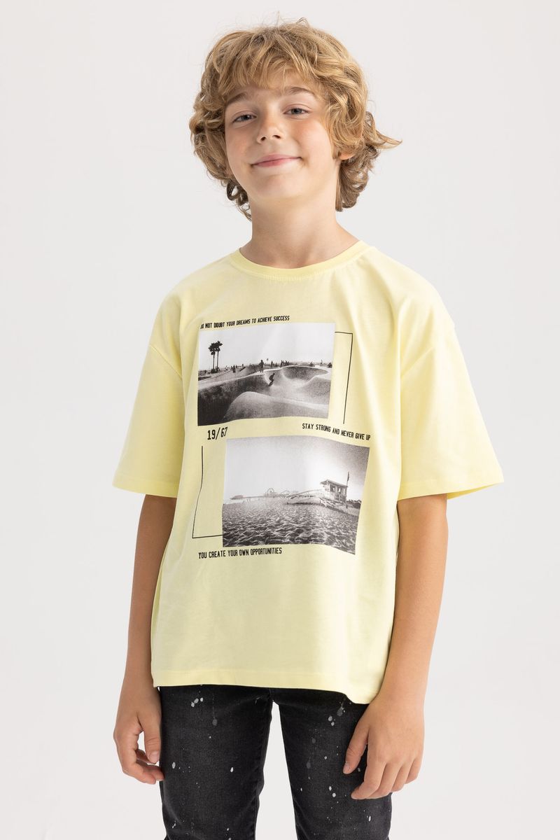 Boy Casual Oversize Fit Crew Neck Knitted Short Sleeve T-Shirt - Yellow
