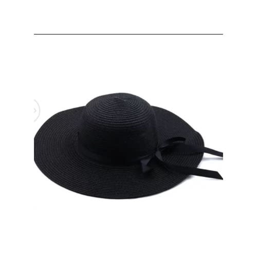 Ladies Wide Brim Floppy Straw Hat For Church Or Beach - Black