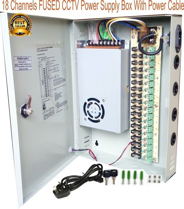 18 Channel CCTV Power Supply DC 12V. With Splitter Fuse Box, Power Cord And Fittings For Security Camera, LED Strip LED Display & Centralized Power Supply(18CH 12V 360W).FOR HOW TO WIRE IT, SEE VIDEO BELOW!