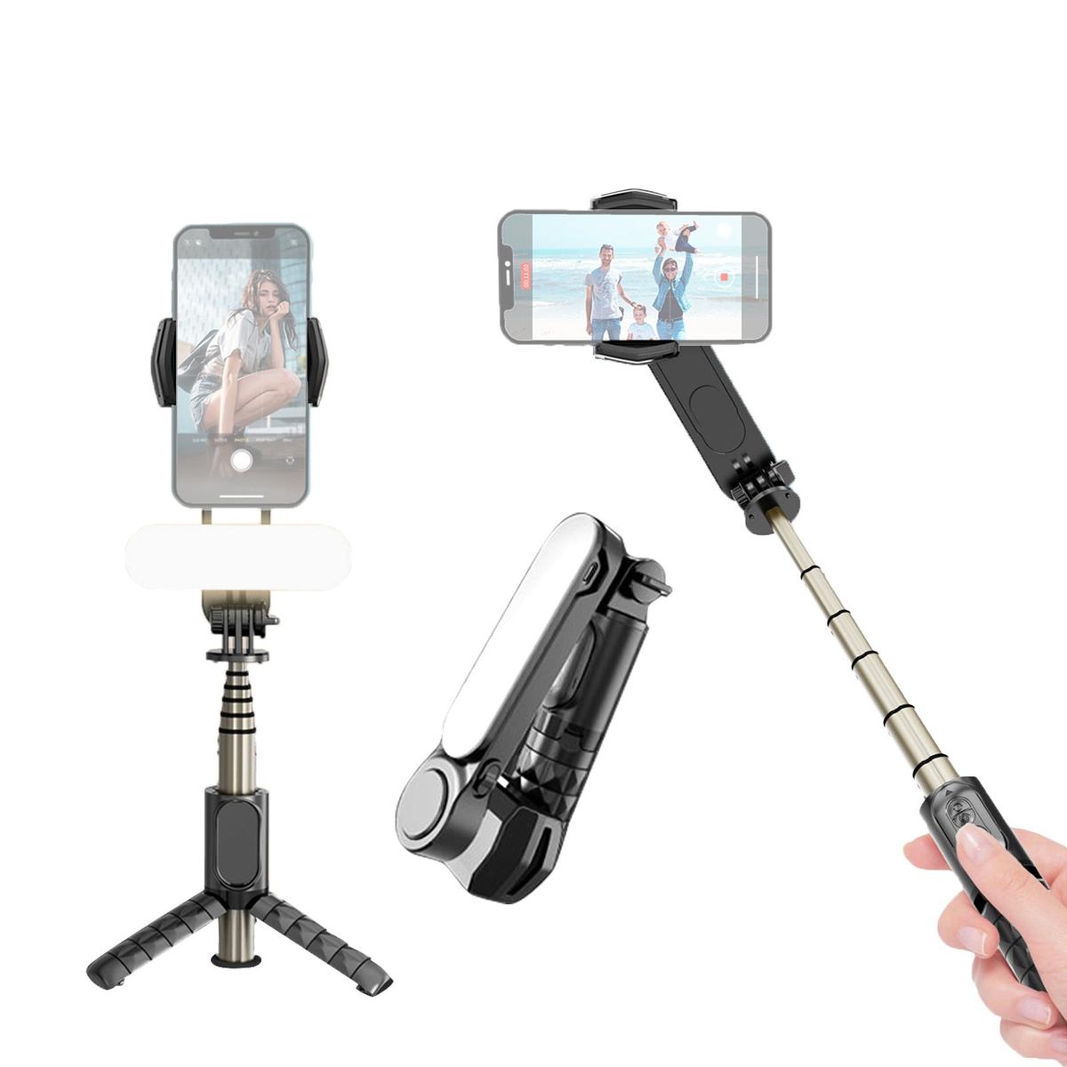 Andoer Q09 360°Rotatable Multi-function Gimbal Stabilizer Remote Control Stabilizer with 27.3in Extension Rod Beauty Fill Light Face Smart Tracking Auto Balance