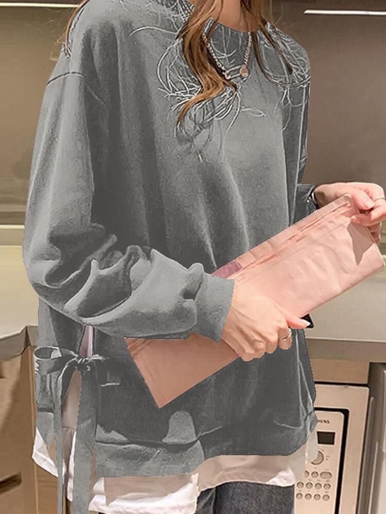 Women Tie-Design Hem Contrast Color Patchwork Faux Two O-Neck Sweatshirt