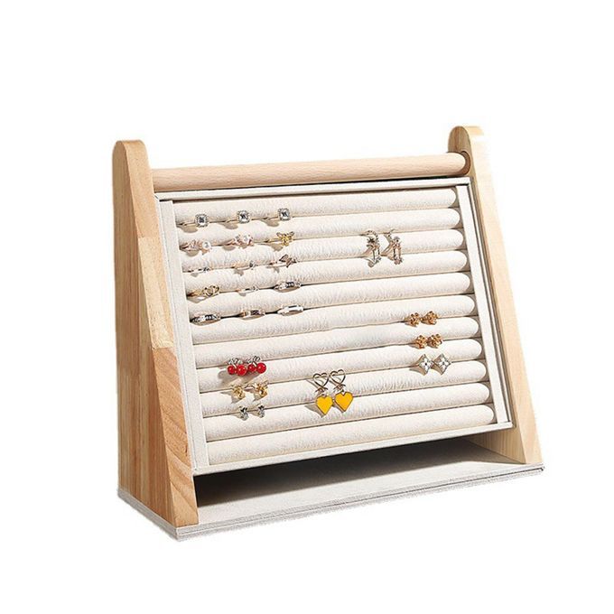 Wood Rings Display Stand Tray 10 Slots Large Capacity For Rings Beige
