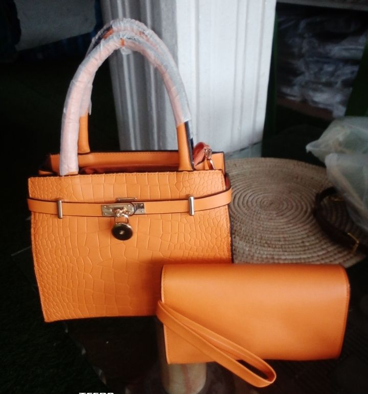Ladies Lovely Quality Leather 2 In 1 Handbag- Orange
