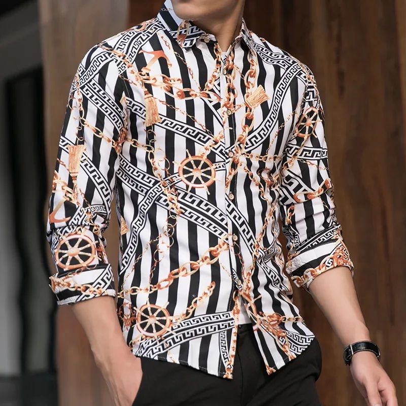 Men's Casual Quality Formal Slim Fit Long Sleeve Pattern Design Vintage Shirt