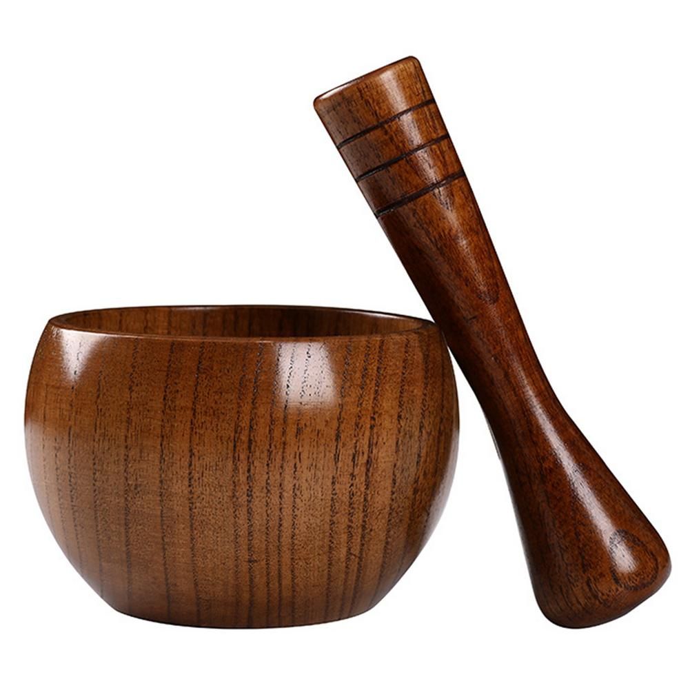 （Brown）Pounded Garlic Jar Mortar Old Fashion Wooden Grinder Round Smooth Hand Polished Pestle Set For Grind Herbs Spices Grains Pepper GRE