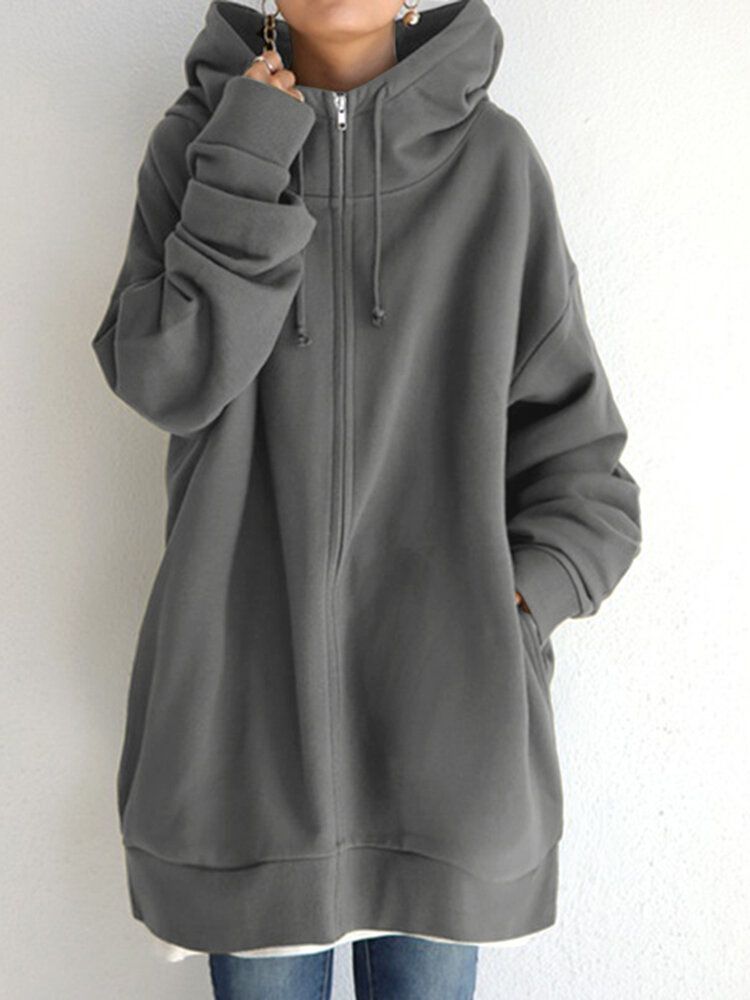 Women Hooded Fleece Long Loose Cap Rope Casual Sweatshirt With Side Pockets-Army Green