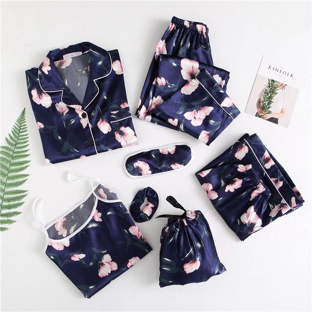 Women's Pajamas Autumn Spring 7 Pieces Set Silk Elegant Women Pajamas