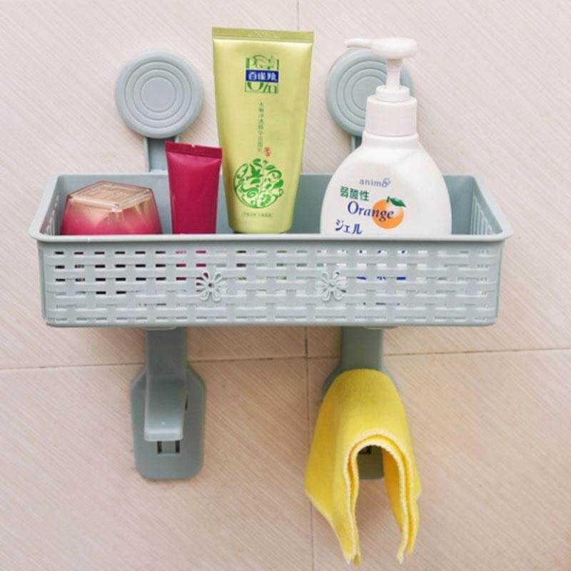 Bathroom Kitchen Suction Cup Storage Rack Organizer Free Punch Shelf Seamless Storage Box Grey Blue