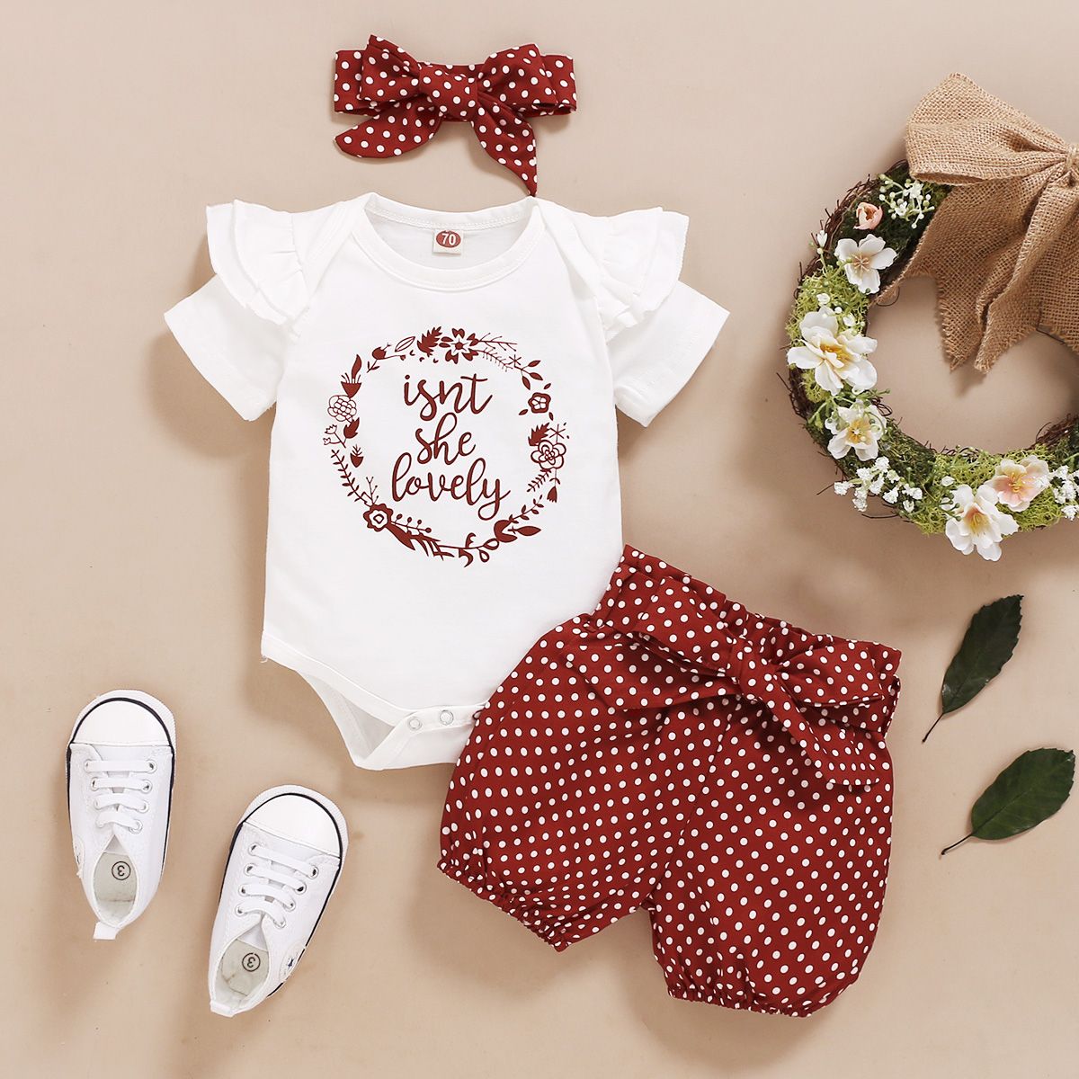 Newborn Baby Girls Outfit Letter Print Short Sleeve Bodysuit + Red Polka Dot Shorts + Headband