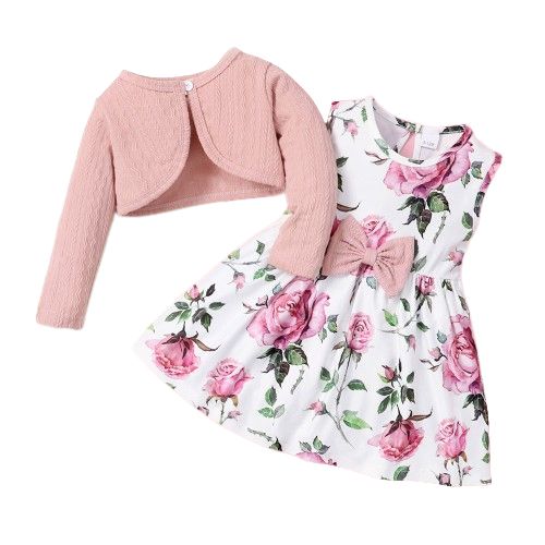 0-3Years Baby Girl Plain Color Ribbed Overcoat+Floral Dress