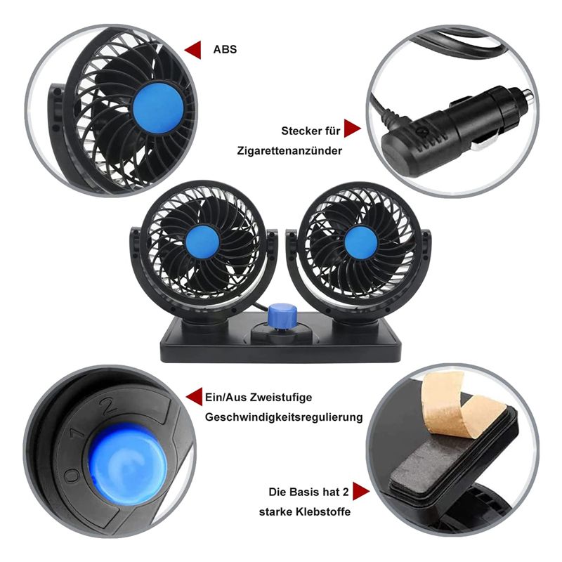 Double Head Car Fan 360 Degree Rotation with 2 Speeds