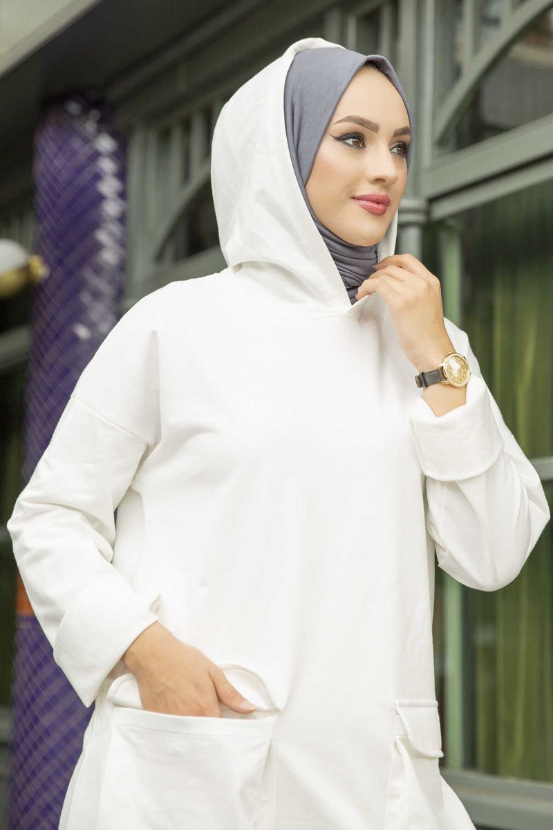 Memba Hooded Hijab Double Suit Turkey Dubai Muslim Abaya Solit Tunic-White